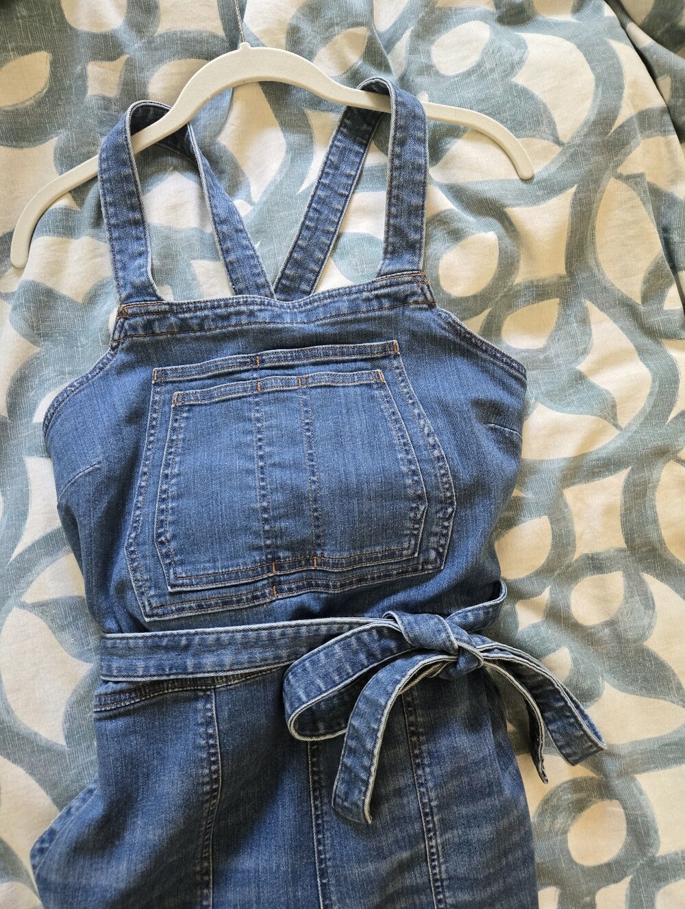 Denim Jumpsuit Overalls with Tie Waist - Blue - Picture 3 of 9